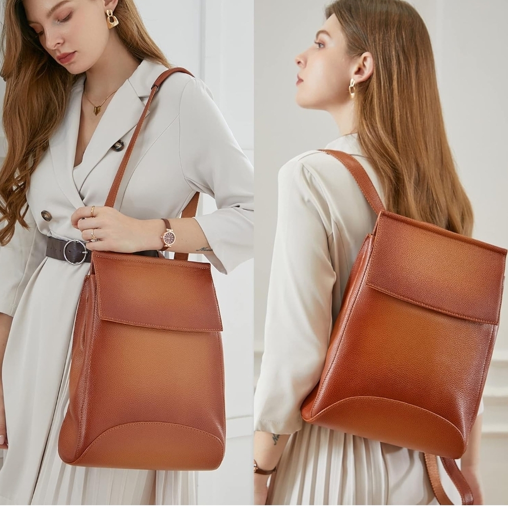 HESHE Pebbled Elegant Tan/Rust Leather Shaped Backpack for Women